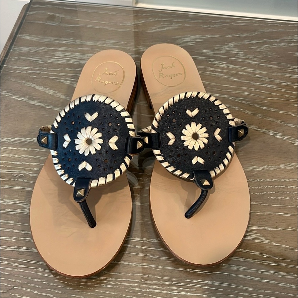 Jack Rogers Georgica sandal, size 9, navy & platinum leather. Worn once.